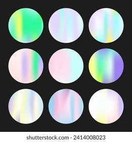 Hologram abstract backgrounds set. Holographic gradient. Plastic hologram backdrop. Minimalistic 90s, 80s retro style graphic template for brochure, banner, wallpaper, mobile screen.