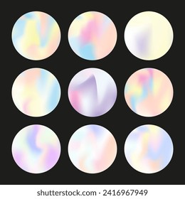 Hologram abstract backgrounds set. Holographic gradient. Vibrant hologram backdrop. Minimalistic 90s, 80s retro style graphic template for brochure, banner, wallpaper, mobile screen.