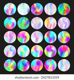 Hologram abstract backgrounds set. Holographic gradient. Iridescent hologram backdrop. Minimalistic 90s, 80s retro style graphic template for book, annual, mobile interface, web app.