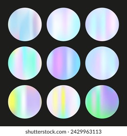 Hologram abstract backgrounds set. Holographic gradient. Rainbow hologram backdrop. Minimalistic 90s, 80s retro style graphic template for flyer, poster, banner, mobile app.