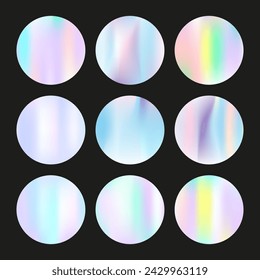 Hologram abstract backgrounds set. Holographic gradient. Vibrant hologram backdrop. Minimalistic 90s, 80s retro style graphic template for placard, presentation, banner, brochure.