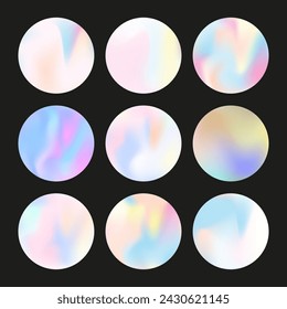 Hologram abstract backgrounds set. Holographic gradient. Pearlescent hologram backdrop. Minimalistic 90s, 80s retro style graphic template for flyer, poster, banner, mobile app.