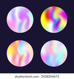 Hologram abstract backgrounds set. Holographic gradient. Rainbow hologram backdrop. Minimalistic 90s, 80s retro style graphic template for book, annual, mobile interface, web app.