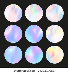 Hologram abstract backgrounds set. Holographic gradient. Colorful hologram backdrop. Minimalistic 90s, 80s retro style graphic template for book, annual, mobile interface, web app.