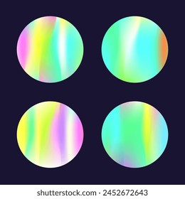 Hologram abstract backgrounds set. Holographic gradient. Fluorescent hologram backdrop. Minimalistic 90s, 80s retro style graphic template for placard, presentation, banner, brochure.