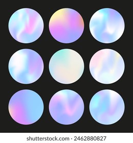 Hologram abstract backgrounds set. Holographic gradient. Futuristic hologram backdrop. Minimalistic 90s, 80s retro style graphic template for brochure, banner, wallpaper, mobile screen.