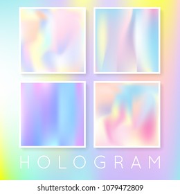 Hologram abstract backgrounds set. Liquid gradient backdrop with hologram. 90s, 80s retro style. Pearlescent graphic template for brochure, flyer, poster, wallpaper, mobile screen.