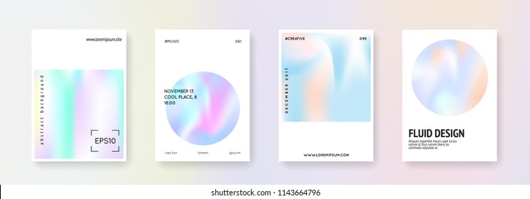 Hologram abstract backgrounds set. Liquid hologram backdrop with gradient mesh. 90s, 80s retro style. Pearlescent graphic template for placard, presentation, banner, brochure.