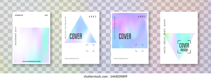 Hologram abstract backgrounds set. Memphis hologram backdrop with gradient mesh. 90s, 80s retro style. Iridescent graphic template for placard, presentation, banner, brochure.