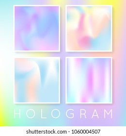 Hologram abstract backgrounds set. Multicolor gradient backdrop with hologram. 90s, 80s retro style. Iridescent graphic template for brochure, flyer, poster, wallpaper, mobile screen.