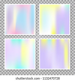 Hologram abstract backgrounds set. Multicolor gradient backdrop with hologram. 90s, 80s retro style. Pearlescent graphic template for brochure, flyer, poster, wallpaper, mobile screen.