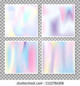 Hologram abstract backgrounds set. Multicolor gradient backdrop with hologram. 90s, 80s retro style. Pearlescent graphic template for brochure, flyer, poster, wallpaper, mobile screen.