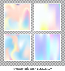 Hologram abstract backgrounds set. Multicolor gradient backdrop with hologram. 90s, 80s retro style. Pearlescent graphic template for banner, flyer, cover, mobile interface, web app.