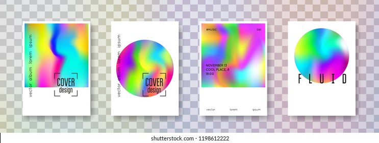 Hologram abstract backgrounds set. Multicolor hologram backdrop with gradient mesh. 90s, 80s retro style. Pearlescent graphic template for book, annual, mobile interface, web app.