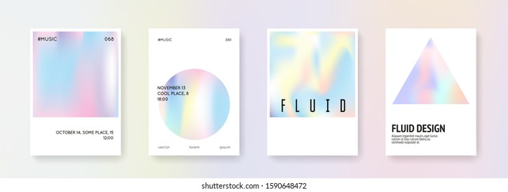 Hologram abstract backgrounds set. Multicolor hologram backdrop with gradient mesh. 90s, 80s retro style. Iridescent graphic template for book, annual, mobile interface, web app.