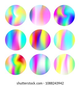 Hologram abstract backgrounds set. Plastic Gradient backdrop with hologram. 90s, 80s retro style. Iridescent graphic template for banner, flyer, cover, mobile interface, web app.