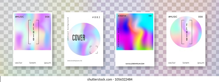 Hologram abstract backgrounds set. Rainbow hologram backdrop with gradient mesh. 90s, 80s retro style. Pearlescent graphic template for book, annual, mobile interface, web app.
