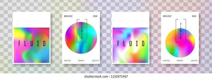 Hologram abstract backgrounds set. Rainbow hologram backdrop with gradient mesh. 90s, 80s retro style. Iridescent graphic template for placard, presentation, banner, brochure.