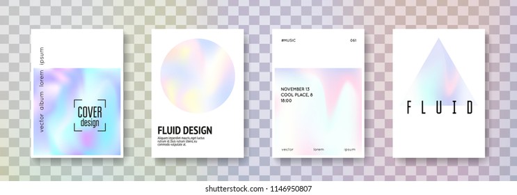 Hologram abstract backgrounds set. Retro hologram backdrop with gradient mesh. 90s, 80s retro style. Pearlescent graphic template for placard, presentation, banner, brochure.