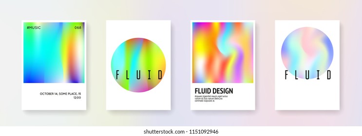 Hologram abstract backgrounds set. Spectrum hologram backdrop with gradient mesh. 90s, 80s retro style. Pearlescent graphic template for placard, presentation, banner, brochure.