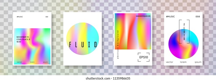 Hologram abstract backgrounds set. Stylish hologram backdrop with gradient mesh. 90s, 80s retro style. Pearlescent graphic template for book, annual, mobile interface, web app.