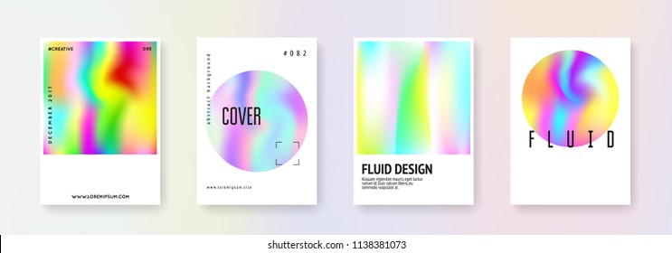 Hologram abstract backgrounds set. Stylish hologram backdrop with gradient mesh. 90s, 80s retro style. Iridescent graphic template for brochure, banner, wallpaper, mobile screen