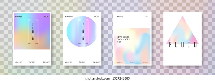 Hologram abstract backgrounds set. Stylish hologram backdrop with gradient mesh. 90s, 80s retro style. Pearlescent graphic template for placard, presentation, banner, brochure.