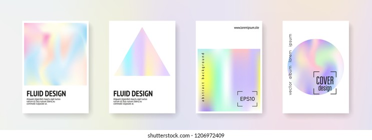 Hologram abstract backgrounds set. Trendy hologram backdrop with gradient mesh. 90s, 80s retro style. Iridescent graphic template for placard, presentation, banner, brochure.