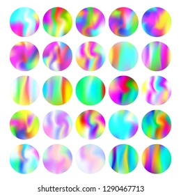 Hologram abstract backgrounds set. Trendy Gradient backdrop with hologram. 90s, 80s retro style. Pearlescent graphic template for banner, flyer, cover, mobile interface, web app.