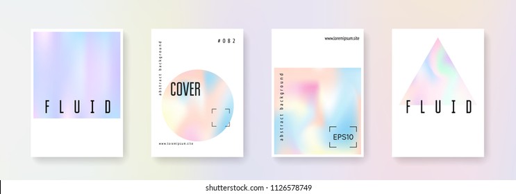 Hologram abstract backgrounds set. Vibrant hologram backdrop with gradient mesh. 90s, 80s retro style. Pearlescent graphic template for placard, presentation, banner, brochure.