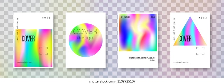 Hologram abstract backgrounds set. Vibrant hologram backdrop with gradient mesh. 90s, 80s retro style. Pearlescent graphic template for book, annual, mobile interface, web app.