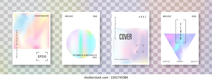 Hologram abstract backgrounds set. Vibrant hologram backdrop with gradient mesh. 90s, 80s retro style. Iridescent graphic template for placard, presentation, banner, brochure.
