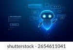 Hologram of AI Robot or Chatbot with Speech Bubbles on Technology Blue Background. AI Chat Bot Mascot. Low Poly Wireframe Tech Bg. Support Assistant Virtual Character. Digital Vector Illustration.