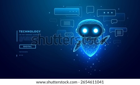 Hologram of AI Robot or Chatbot with Speech Bubbles on Technology Blue Background. AI Chat Bot Mascot. Low Poly Wireframe Tech Bg. Support Assistant Virtual Character. Digital Vector Illustration.