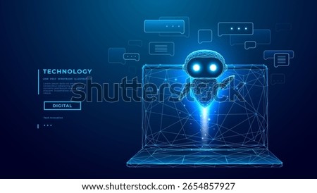 Hologram of AI Robot or Chatbot with Speech Bubbles Fly Over Opened Laptop on Technology Blue Background. AI Chat Bot Mascot. Low Poly Wireframe Tech Bg. Support Assistant. Digital Vector Illustration