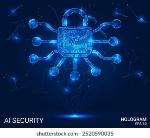 Seguridad de IA holograma. Seguridad de IA hecha de polígonos, triángulos, puntos y líneas. Estructura de seguridad de IA de baja poli de las conexiones. Vector de concepto de Tecnología.