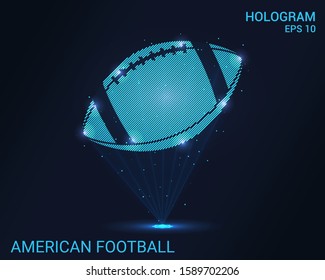 Hologram American football. A holographic projection of the ball for American football. Flickering energy flux of particles. Scientific sports design.