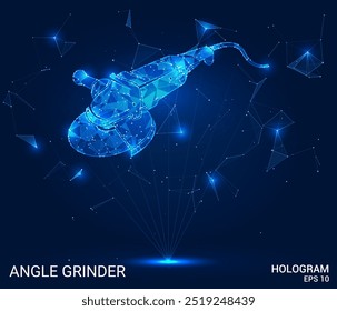 Hologram Angle Grinder. An angle grinder made of polygons, triangles of points and lines. Angle grinder low-poly joint structure. Technology concept vector.
