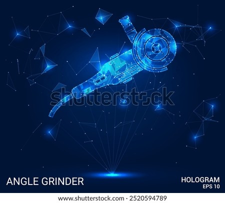 Hologram angle grinder. Angle grinder made of polygons, triangles, dots, and lines. Low-poly angle grinder structure of connections. Technology concept vector.