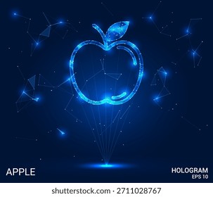 Hologramm Apfel. Der Apfel besteht aus Polygonen, Dreiecken, Punkten und Linien. Der Apfel ist eine Low-Poly-Verbindungsstruktur. Technologie, Konzept, Vektor. Der Apfel erscheint auf tiefblauem Hintergrund.