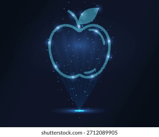 Manzana holográfica. Una manzana hecha de polígonos, triángulos, puntos y líneas. Estructura y conexiones de manzana de baja poli. Concepto de Tecnología, Vector.
