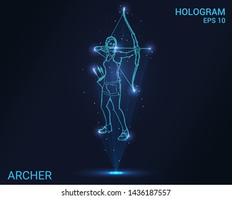 Hologram Archer. Girl shoots a bow. Flickering energy flux of particles. Scientific sports design.