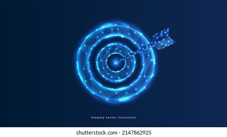 Hologram arrow and the target. An arrow and a target made of polygons, triangles of points, and lines. The arrow and target are low-poly compound structure. The technology concept.
