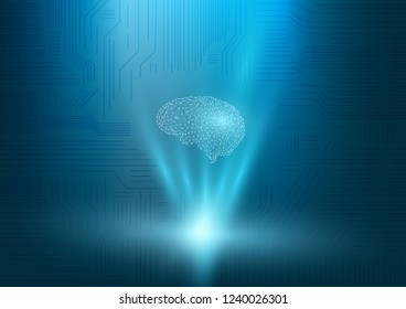 Hologram of an Artificial Intelligence brain is displaying on circuit board as backdrop. Futuristic design concept. Abstract digital and technology background. Vector Illustration.