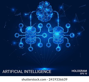 The hologram is an artificial intelligence. Artificial intelligence made of polygons, triangles of points and lines. AI is a low-poly compound structure. Technology concept vector.