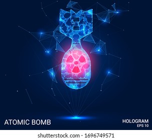 Hologram of an atomic bomb. An atomic bomb made of polygons, triangles of points and lines. The atomic bomb is a low-poly compound structure. The technology concept.