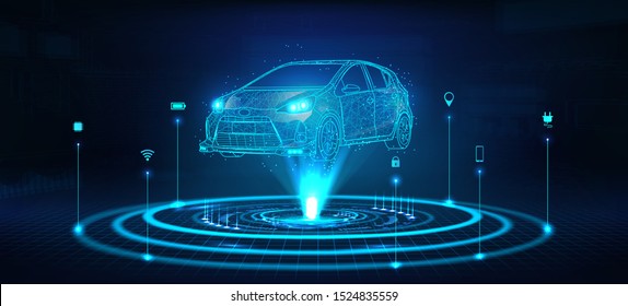 Hologram auto, futuristic polygonal model auto. Smart auto ai.  Wireframe in line low-poly style. Smart automobile. Vector illustration in futuristic style