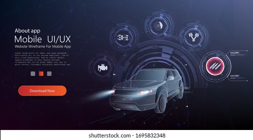 Hologram auto, futuristic polygonal model auto. Smart auto ai hud. Driverless car working modes  vector illustration. Manual control, driver assistance, partial conditional, high automation.Web banner