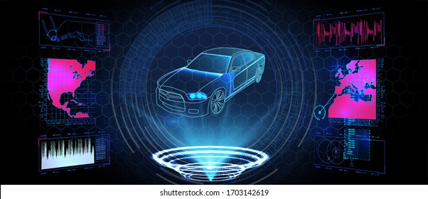 Hologram auto, futuristic polygonal model auto. 3D isometric image of a smart or intelligent car.  Smart auto ai hud. Driverless car working modes vector illustration.