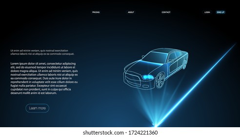 Hologram auto, futuristic polygonal model auto. 3D isometric image of a smart or intelligent car.  Smart auto ai hud. Driverless car working modes vector illustration.